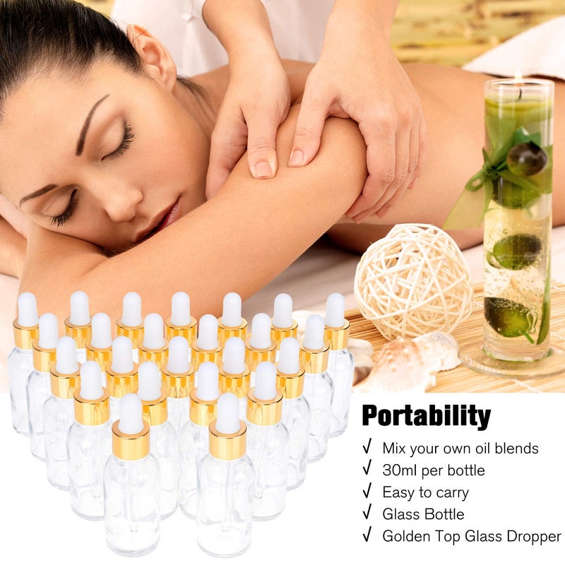 PrettyCare Glass Eye Dropper Bottles 24 Pack, 1oz (30ml) Clear Empty Thick Bottles Bulk with Leakproof Golden Caps - With Labels & Funnels for Storage, Travel, Essential Oils, Cuticle Oils, Tinctures - Image 3